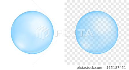 Blue bubble on white and transparent background. Bead, pearl or crystal shape. Sea, ocean or aquarium oxygen ball. Glycerin, hyaluron or collagen oil drop. Chewing gum texture. Vector illustration Blue bubble on white and transparent background. Bead, pearl or crystal shape. Sea, ocean or aquarium oxygen ball. Glycerin, hyaluron or collagen oil drop. Chewing gum texture. Vector illustration 115187451