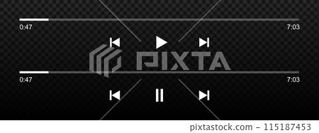 Set of audio or video media player loading bars with time slider, play and pause, rewind and fast forward buttons. Audiobook, podcast, online radio playback panel interface. Vector illustration Set of audio or video media player loading bars with time slider, play and pause, rewind and fast forward buttons. Audiobook, podcast, online radio playback panel interface. Vector illustration 115187453