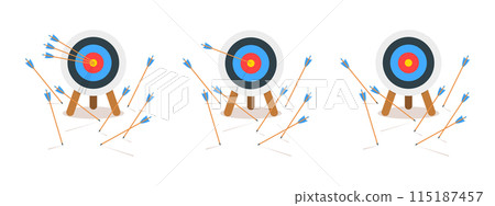 Set of archery dart boards with arrows hitting or missing bullseye. Sports game or business strategy. Success or failure, goal achieving or mistake concept. Vector cartoon illustration 115187457