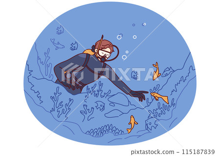 Woman diver explores seabed, getting involved in underwater travel and studying fish living in ocean 115187839