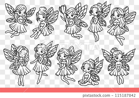Cute fairies with wings from fairy tales for children about good princesses. Hand drawn doodle 115187842
