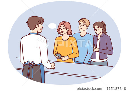 Leisurely woman talking to cashier ignoring queue of customers in cafe or grocery store Leisurely woman talking to cashier ignoring queue of customers in cafe or grocery store 115187848