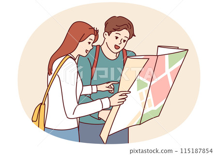 Tourist couple of man and woman looking at map choosing new city for summer travel 115187854