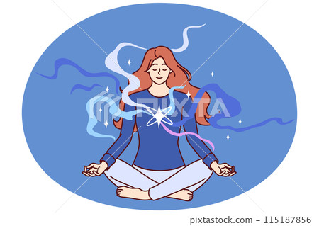 Woman meditating with closed eyes sitting cross-legged on floor and doing yoga lotus pose Woman meditating with closed eyes sitting cross-legged on floor and doing yoga lotus pose 115187856