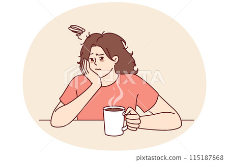 Tired woman with sad face drinks hot coffee and does not want to go to work due to lack of sleep 115187868
