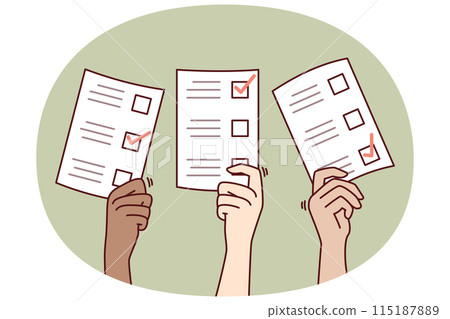 Hands with vote ballot papers during democratic elections among political parties 115187889