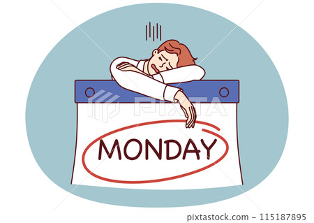 Man workaholic sleeps leaning on giant calendar with inscription Monday feeling burned 115187895