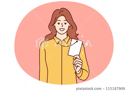Successful woman office worker demonstrates badge or ID card hanging around neck Successful woman office worker demonstrates badge or ID card hanging around neck 115187909