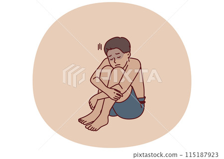 Sad boy feeling thirsty sits on dry ground after climate change and pollution of eco environment Sad boy feeling thirsty sits on dry ground after climate change and pollution of eco environment 115187923