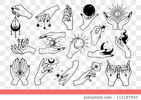 Items for occult rituals in hands of witches, who use esoteric practices. Hand drawn doodle 115187950