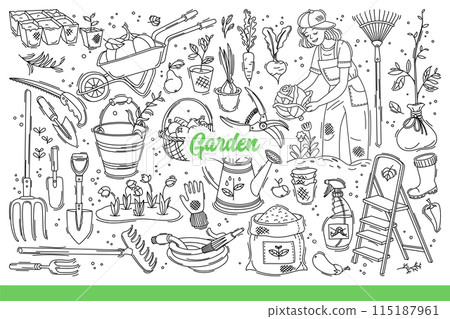 Garden equipment and seeds for planting plants and flowers in your backyard. Hand drawn doodle 115187961