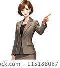 A career woman in a suit pointing to the left, medium bob style 115188067