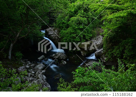 A waterfall surrounded by fresh greenery 115188162