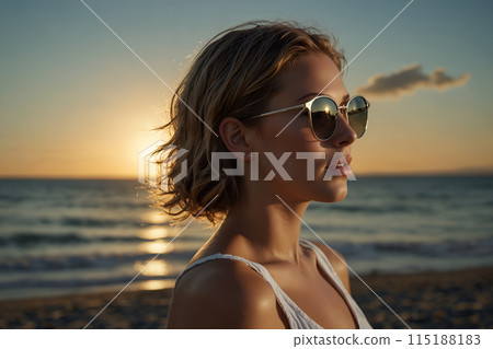 Woman standing on the beach at dusk AI-generated image 115188183