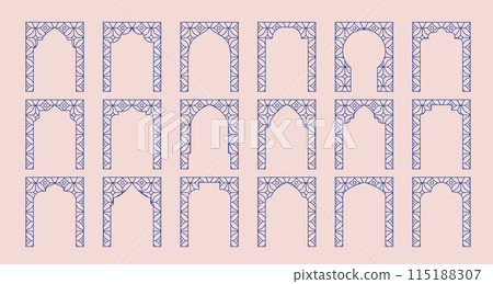 Arabic oriental frame, arc, door. Luxury blue thin line muslim windows, gates. Vector clipart. 115188307
