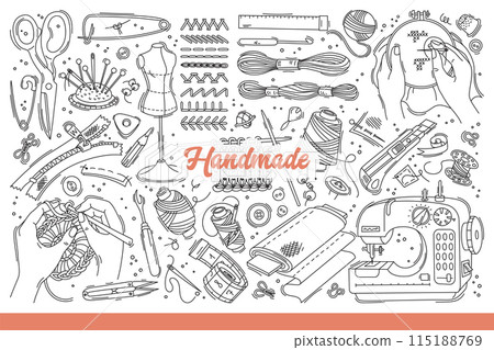 Handmade items and equipment for embroidery or knitting and making craft clothes. Hand drawn doodle 115188769