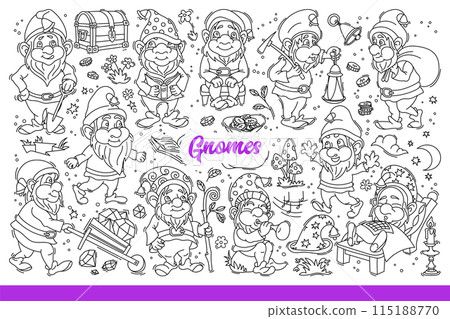 Funny gnomes from fairy-tale universe resting or mining for precious stones. Hand drawn doodle Funny gnomes from fairy-tale universe resting or mining for precious stones. Hand drawn doodle 115188770