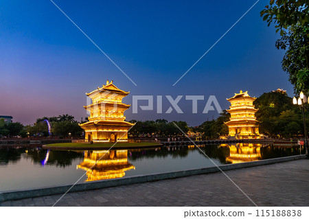 Illuminated tower in a park in Ninh Binh city, Hanoi, Vietnam Illuminated tower in a park in Ninh Binh city, Hanoi, Vietnam 115188838