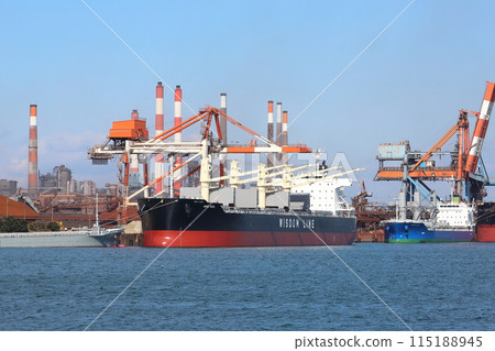 Ibaraki, Kashima, Kashima coastal industrial area, cargo ship anchored at the Kashima Steelworks wharf Ibaraki, Kashima, Kashima coastal industrial area, cargo ship anchored at the Kashima Steelworks wharf 115188945