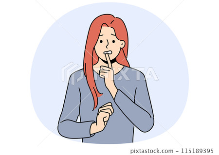 Confused woman touches chin thoughtfully, reflecting on philosophical question or mistake 115189395