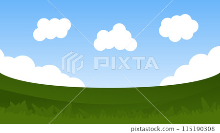 nature landscape cartoon scene. green field with white fluffy cloud and blue sky background nature landscape cartoon scene. green field with white fluffy cloud and blue sky background 115190308