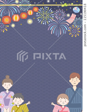 夏季節慶的背景圖像，一家人穿著浴衣、煙火、垂直 115190418