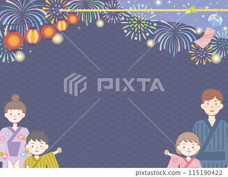 夏季節慶的背景圖片，一家人穿著浴衣，旁邊有煙火 115190422