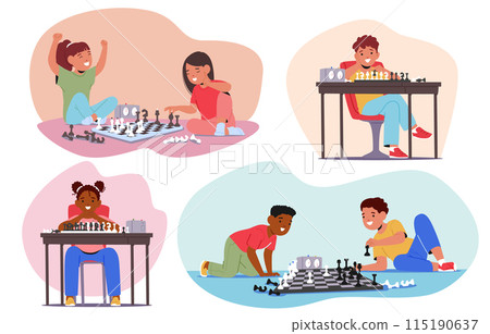 Diverse Group Of Children Engrossed In Playing Chess. Vector Scenes With Kids Concentrating, Strategizing 115190637