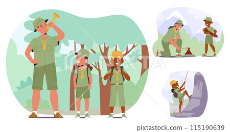 Scout Leader With Kids Participating In Outdoor Activities. Children Learning To Make A Fire, Hiking And Rock Climbing 115190639