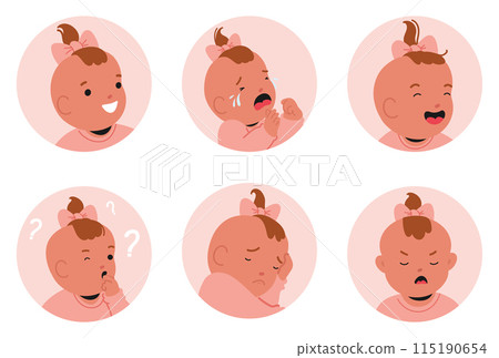 Set Of Cute Baby Girl Different Emotions. Child Displaying Expressions Such As Happiness, Crying, Laughter, Curiosity 115190654