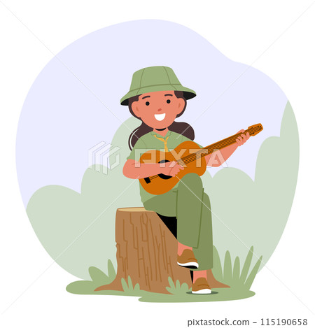 Young Scout Girl Sits On A Stump Playing Guitar. She Wears A Scout Uniform And Broad Smile, Surrounded By Lush Greenery 115190658