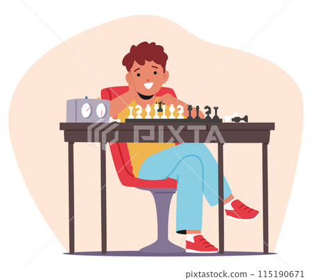 Cheerful Young Boy Playing Chess Sits At A Table With Chess Pieces And The Game Clock, With A Joyous Expression Cheerful Young Boy Playing Chess Sits At A Table With Chess Pieces And The Game Clock, With A Joyous Expression 115190671