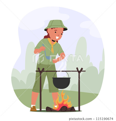 Smiling Young Scout Cooking Over A Campfire In A Lush Forest. Girl In Uniform Stirs A Pot Engaging In Camping Activity 115190674