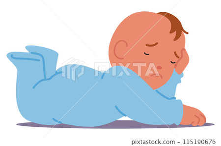 Peacefully Sleeping Baby Boy Character In A Cozy Blue Onesie. Calming Concept of Pure Serenity And Innocence Of Infancy 115190676