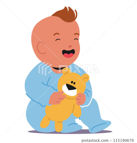 Adorable Baby Boy Sitting And Laughing Joyfully, Clutching A Cute Teddy Bear. He Is Dressed In A Cozy Blue Onesie 115190678