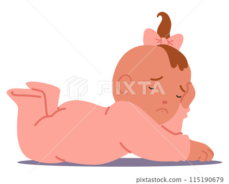 Newborn Girl Sleeping Peacefully In A Tender Pose. Baby With A Tiny Brown Hair Tuft And A Pink Bow, Embodying Innocence 115190679