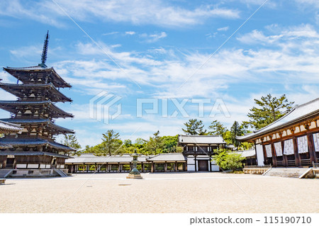 A clear day in Nara, the five-story pagoda, great hall and corridor of the World Heritage and National Treasure, Horyuji Temple 115190710