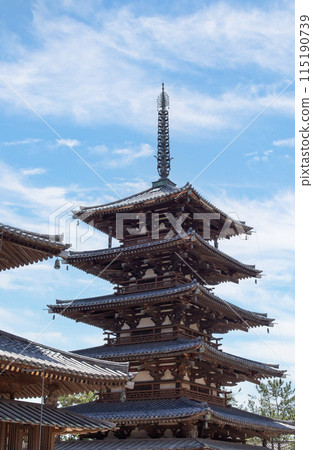 A clear day in Nara, the five-story pagoda of the World Heritage and National Treasure, Horyuji Temple 115190739