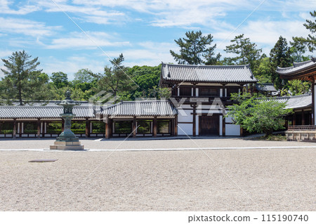 A clear day in Nara, the scripture repository and corridors of the World Heritage and National Treasure, Horyuji Temple 115190740