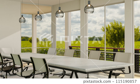 A contemporary meeting room features a large glass window with a view of a green field outside. 115190857