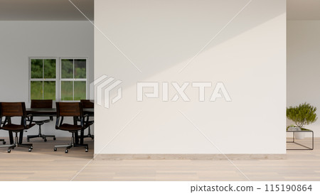 A minimalist office corridor features a parquet floor, a white empty wall, and a meeting room. A minimalist office corridor features a parquet floor, a white empty wall, and a meeting room. 115190864