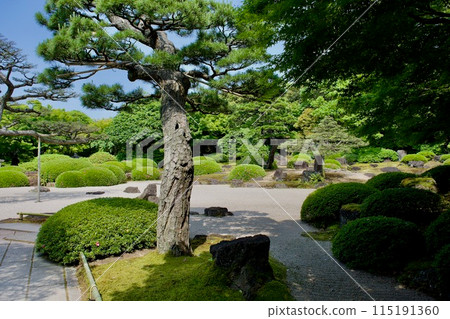Japanese Garden with Sand Ripples: Karesansui 115191360