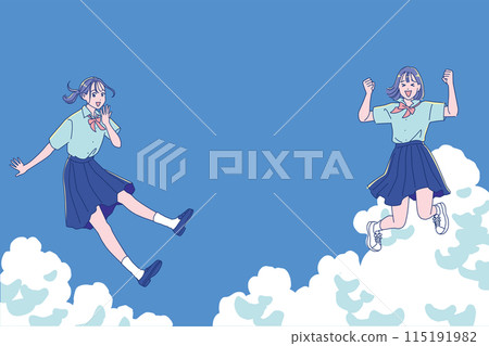 A high school girl jumping energetically into the summer sky A high school girl jumping energetically into the summer sky 115191982