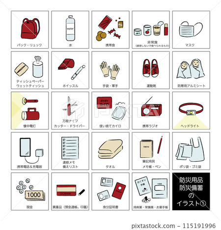 Disaster prevention supplies and emergency stockpiles icon illustration ① Color line drawing 115191996