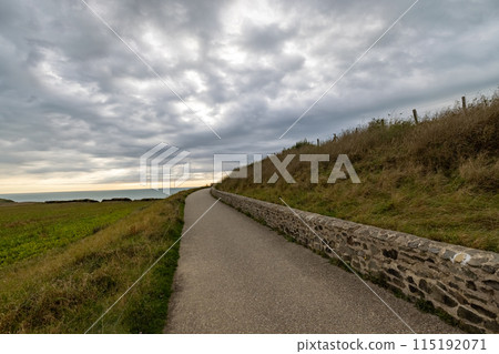 Enjoying a Coastal Pathway on a Cloudy Day while Admiring the Ocean Scenery in the Distance 115192071