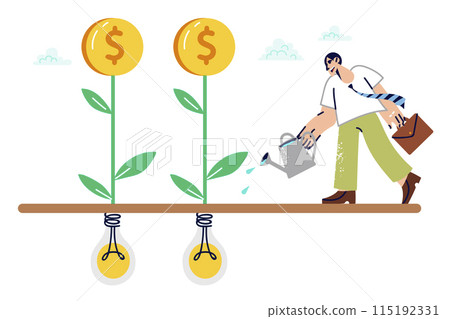 Business man monetizes ideas to generate income from startup, waters seeds from light bulbs 115192331