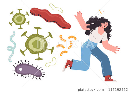 Bacteria and viruses or germs chase running woman who wants to protect herself from flu outbreak Bacteria and viruses or germs chase running woman who wants to protect herself from flu outbreak 115192332