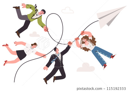 Team of people goes on business trip on paper plane to meet and sign contract with partners 115192333