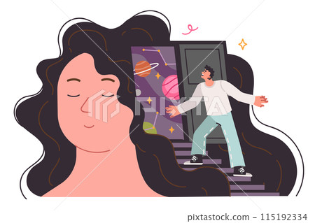 Psychotherapy session for woman with man looking at inner world in head of girl dreaming of space 115192334