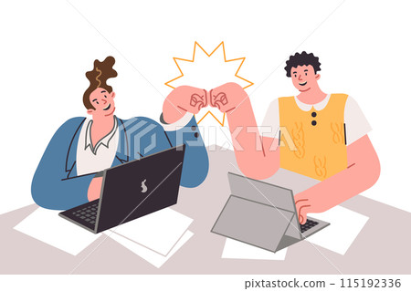 Successful collaboration of men students working sitting at desk, punching after end of business day 115192336